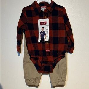 “Bundle 4/$18” Wrangler 12M Red and Black Checkered Baby Bodysuit with Tan Pants